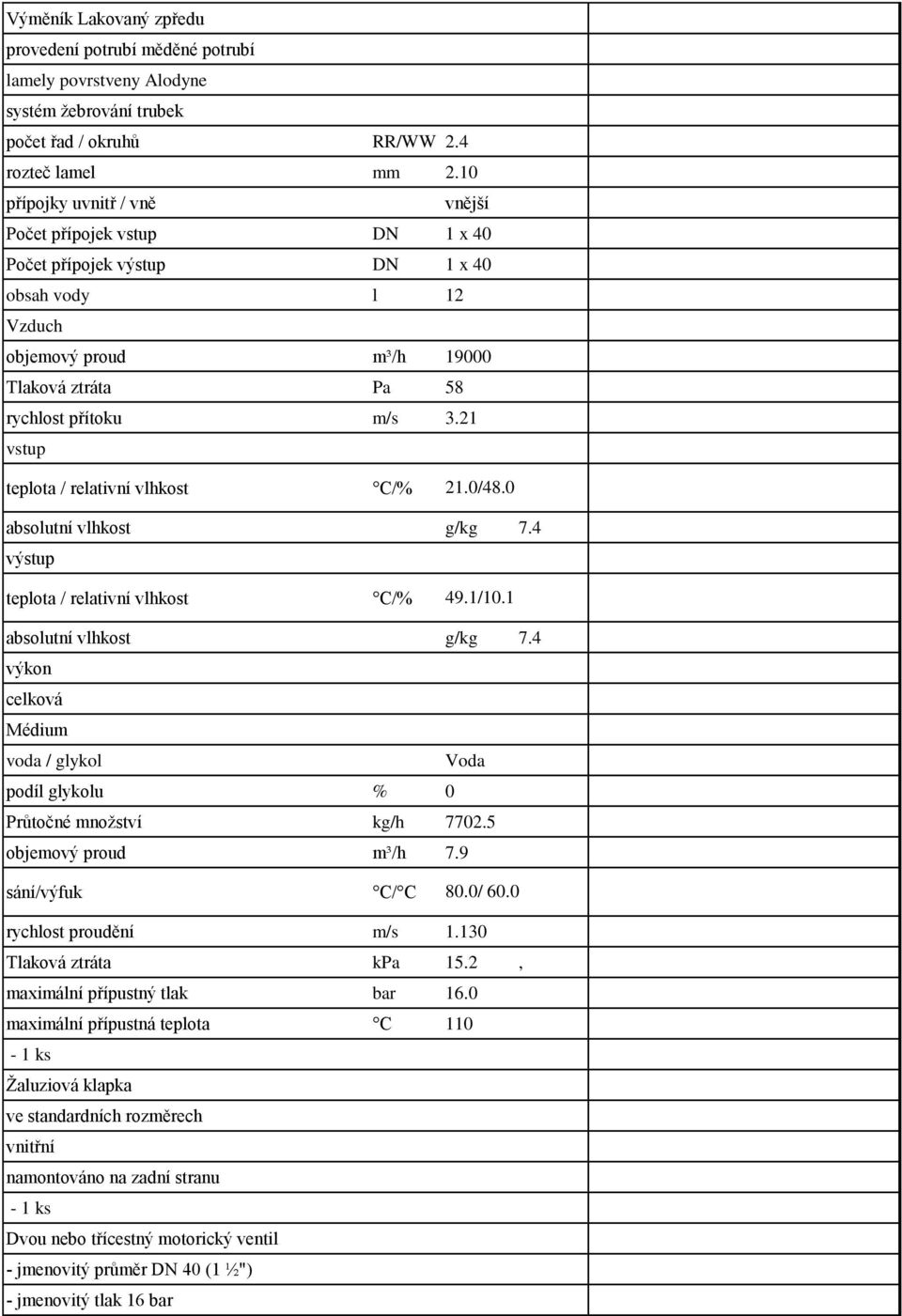 21 vstup teplota / relativní vlhkost C/% 21.0/48.0 absolutní vlhkost g/kg 7.4 výstup teplota / relativní vlhkost C/% 49.1/10.1 absolutní vlhkost g/kg 7.