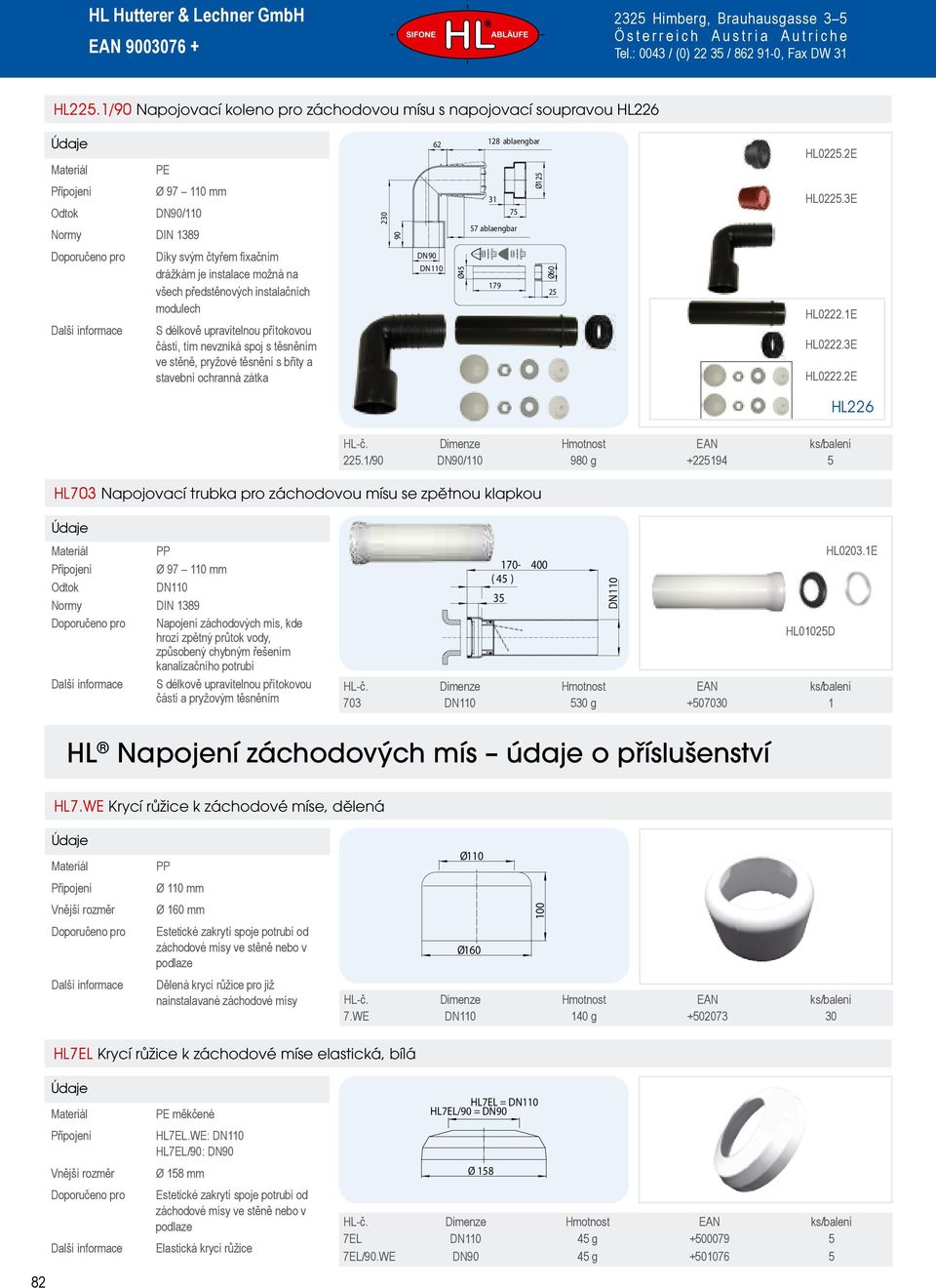 břity a stavební ochranná zátka Ø45 179 Ø60 25 HL0222.1E HL0222.3E HL0222.2E HL226 HL703 Napojovací trubka pro záchodovou mísu se zpětnou klapkou 225.