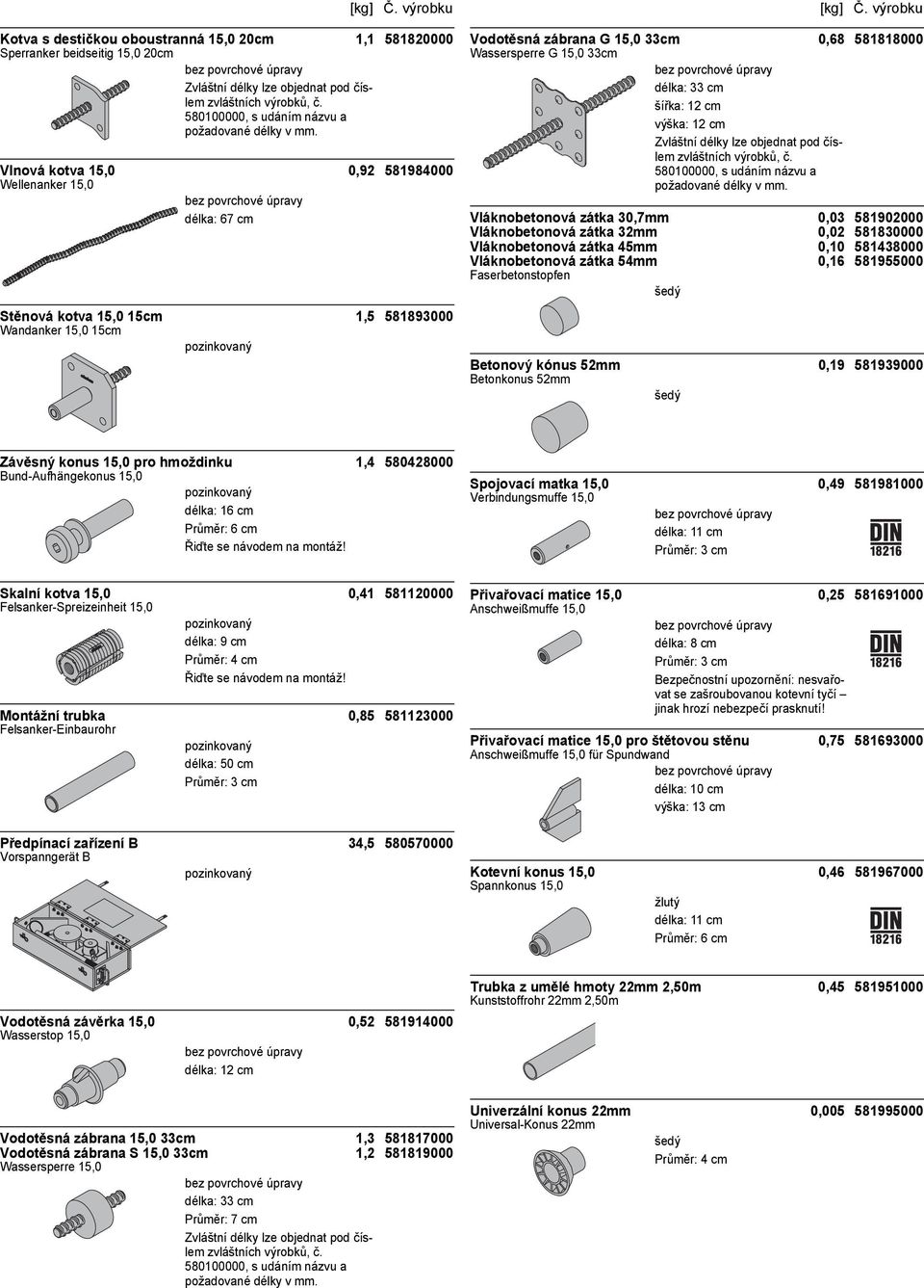581830000 Vláknobetonová zátka 45mm 0,10 581438000 Vláknobetonová zátka 54mm 0,16 581955000 Faserbetonstopfen Betonový kónus 52mm 0,19 581939000 Betonkonus 52mm Závěsný konus 15,0 pro hmoždinku 1,4