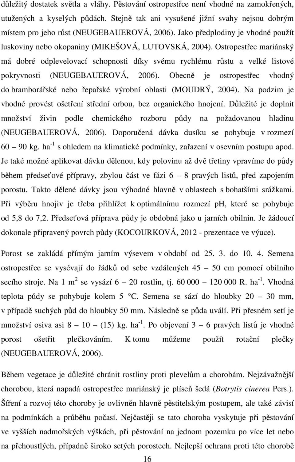 Ostropestřec mariánský má dobré odplevelovací schopnosti díky svému rychlému růstu a velké listové pokryvnosti (NEUGEBAUEROVÁ, 2006).