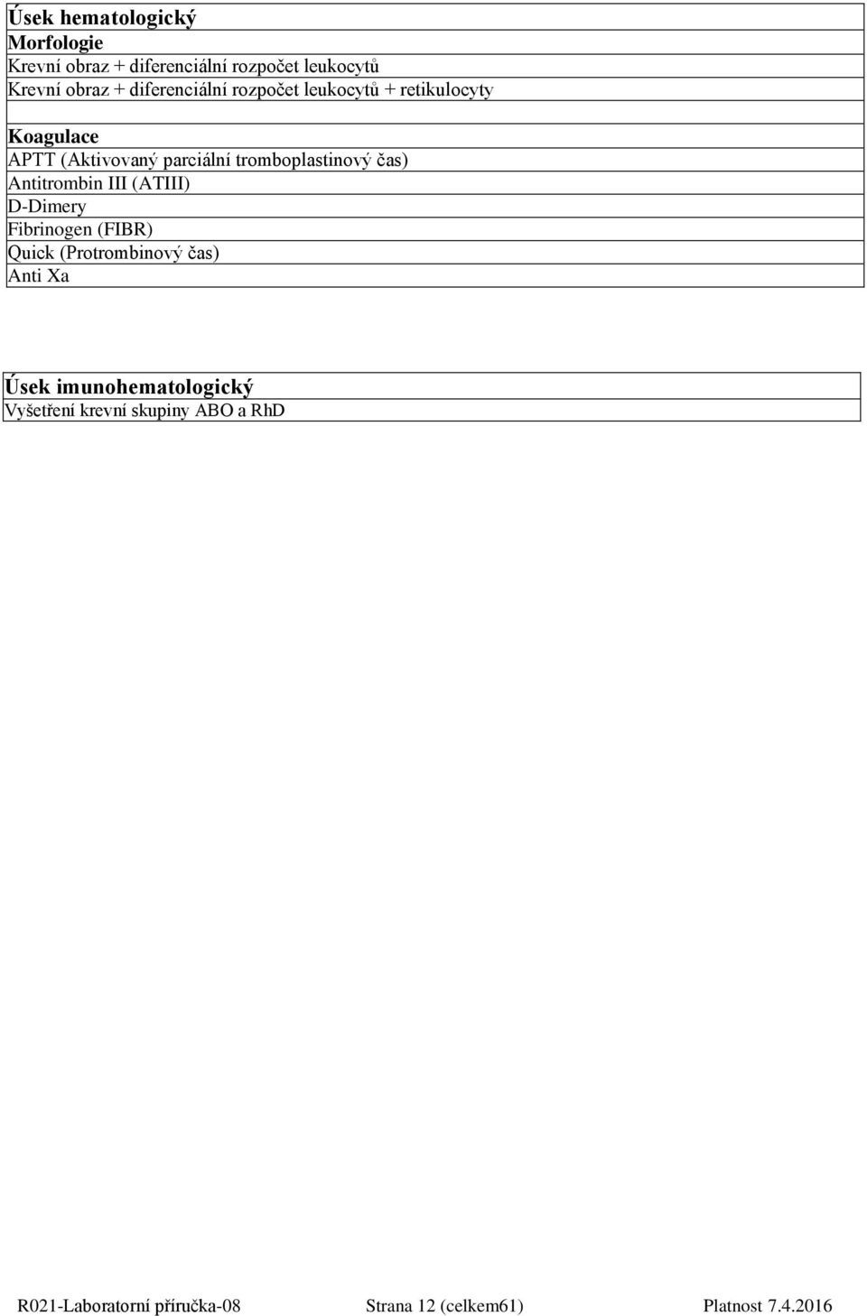 čas) Antitrombin III (ATIII) D-Dimery Fibrinogen (FIBR) Quick (Protrombinový čas) Anti Xa Úsek