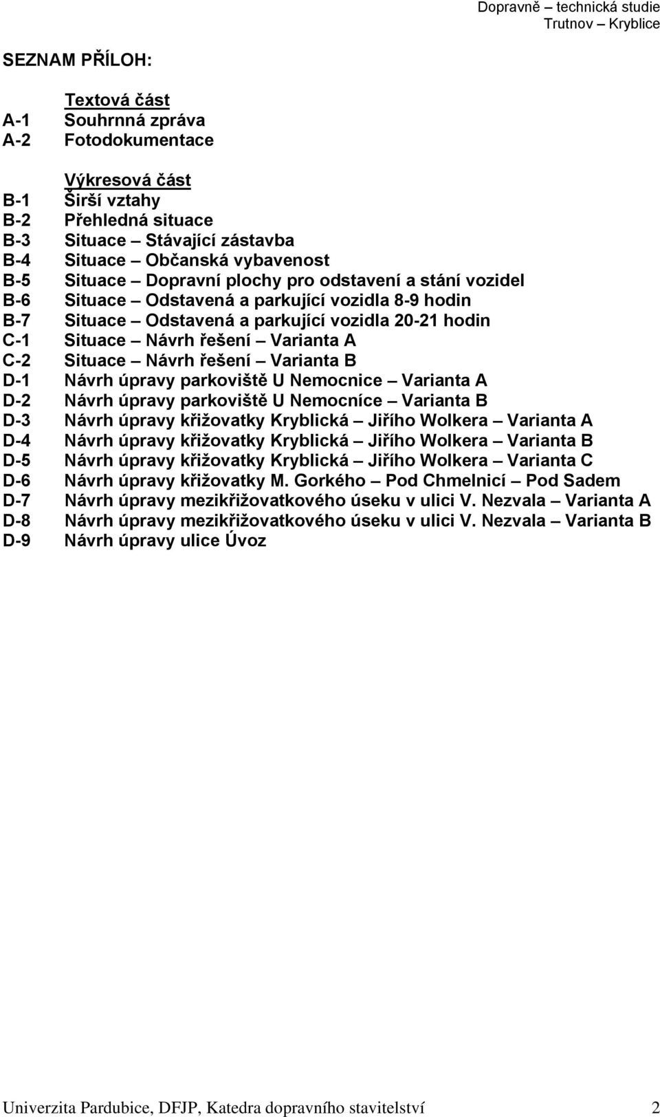 Návrh řešení Varianta B D-1 Návrh úpravy parkoviště U Nemocnice Varianta A D-2 Návrh úpravy parkoviště U Nemocníce Varianta B D-3 Návrh úpravy křižovatky Kryblická Jiřího Wolkera Varianta A D-4 Návrh