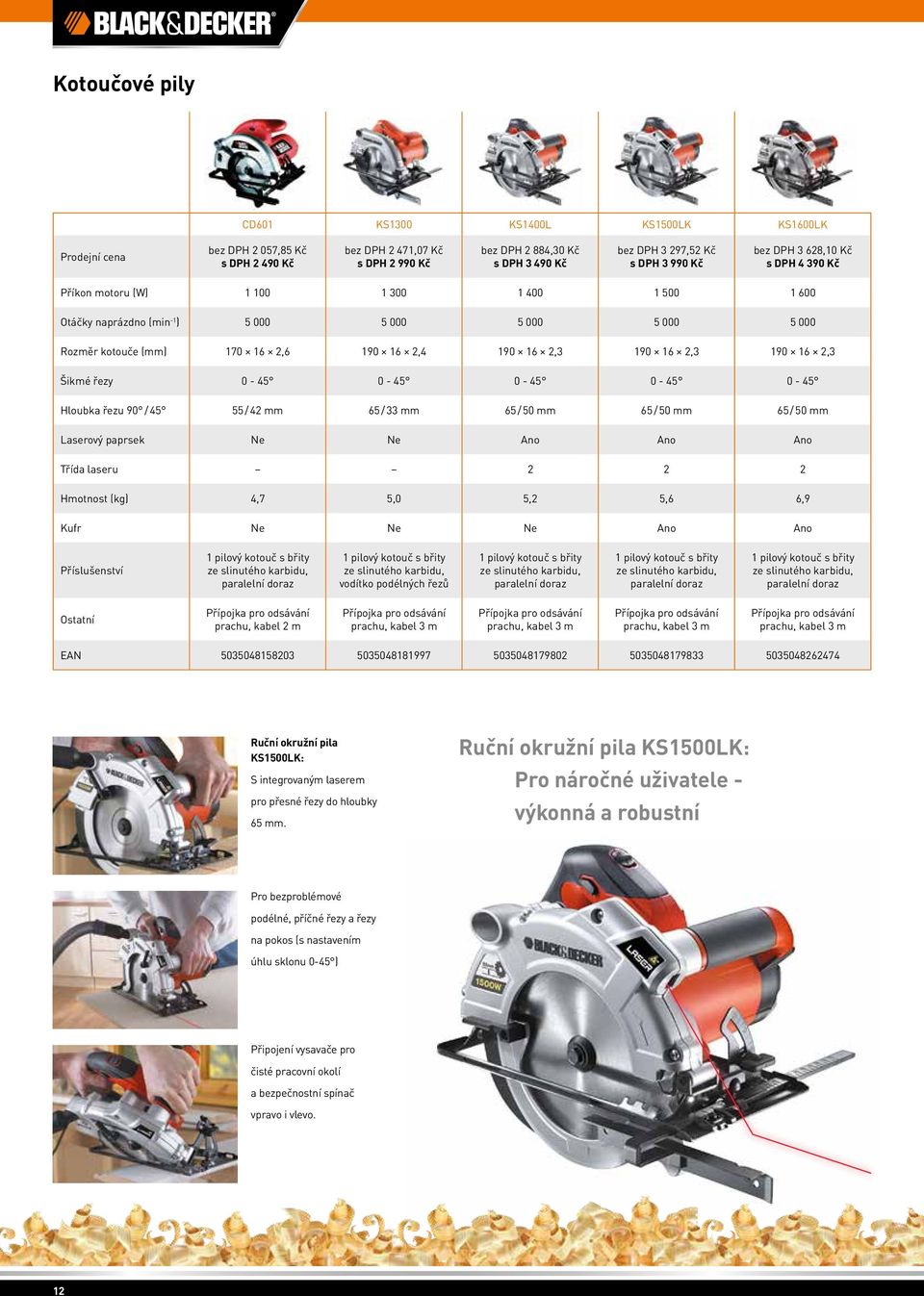 0-45 0-45 Hloubka řezu 90 / 45 55 / 42 mm 65 / 33 mm 65 / 50 mm 65 / 50 mm 65 / 50 mm Laserový paprsek Ne Ne Ano Ano Ano Třída laseru 2 2 2 Hmotnost (kg) 4,7 5,0 5,2 5,6 6,9 Kufr Ne Ne Ne Ano Ano