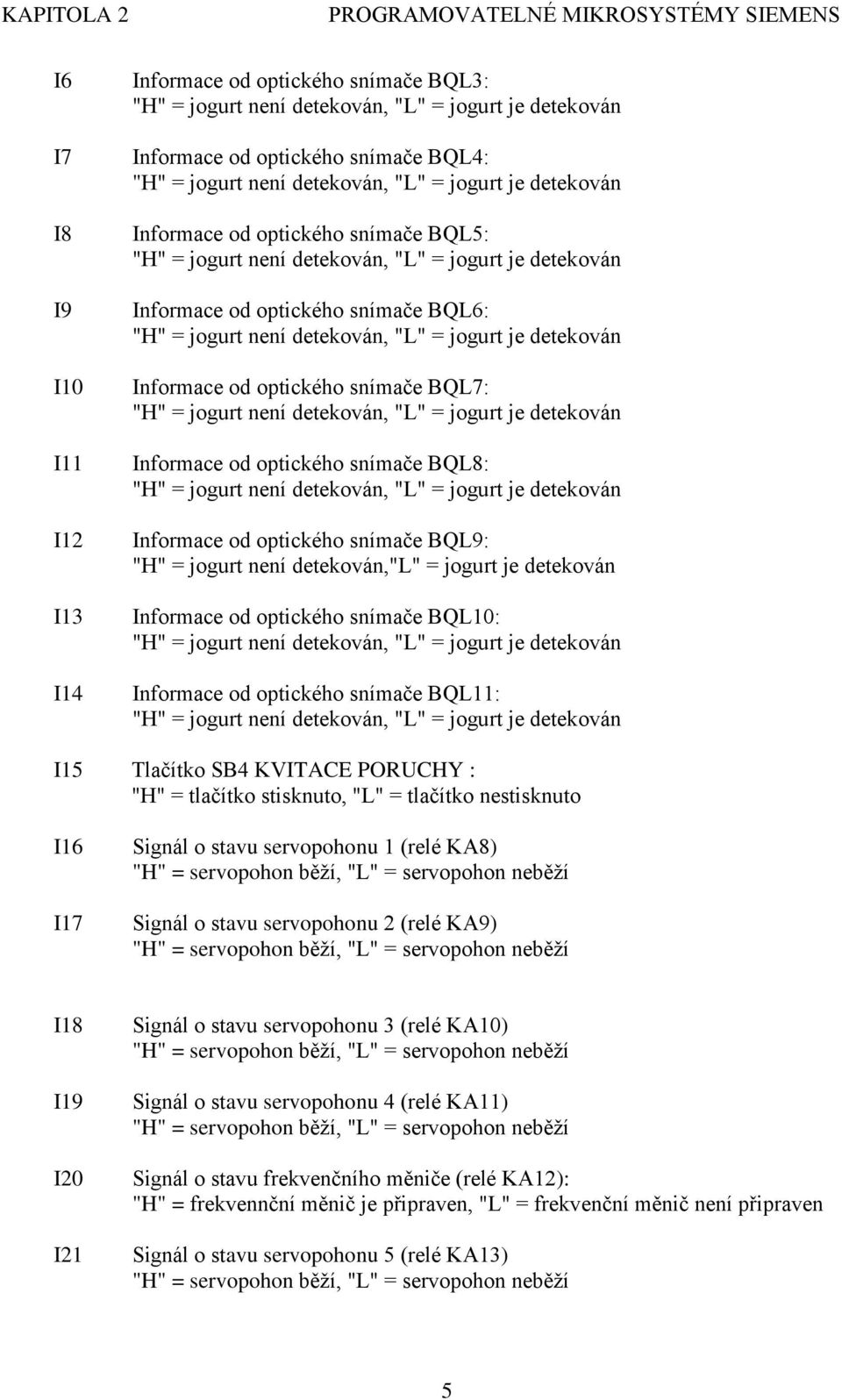 "H" = jogurt není detekován, "L" = jogurt je detekován Informace od optického snímače BQL7: "H" = jogurt není detekován, "L" = jogurt je detekován Informace od optického snímače BQL8: "H" = jogurt