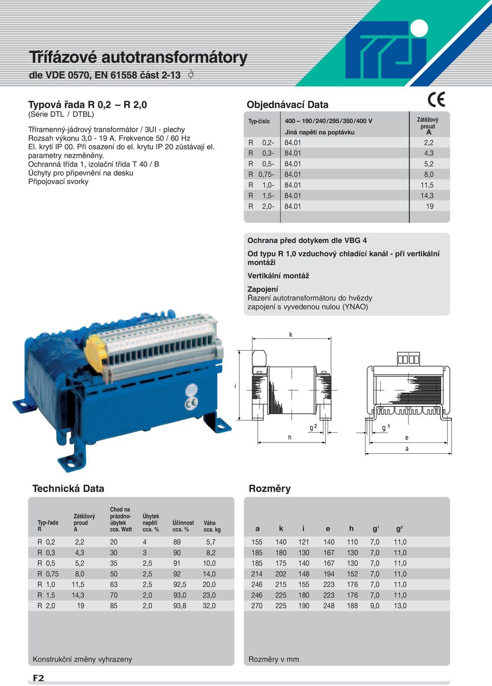 Ochranná tfiída 1, izolaãní tfiída T 40 / B Úchyty pro pfiipevnûní na desku Pfiipojovací svorky 400 190/240/295/350/400 V ZátûÏov proud Jiná napûti na poptávku A R 0,2-84.01 2,2 R 0,3-84.