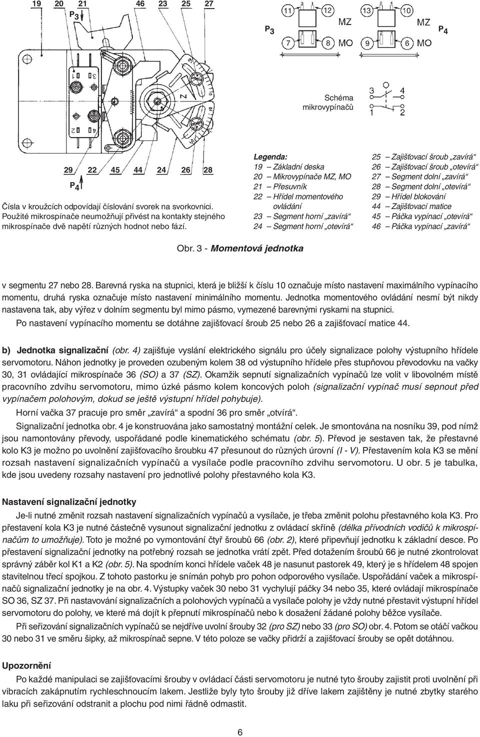 44 24 26 28 Legenda: 19 Základní deska 20 Mikrovypínače MZ, MO 21 Přesuvník 22 Hřídel momentového ovládání 23 Segment horní zavírá 24 Segment horní otevírá 25 Zajišťovací šroub zavírá 26 Zajišťovací