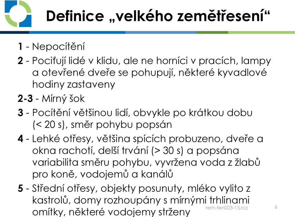 probuzeno, dveře a okna rachotí, delší trvání (> 30 s) a popsána variabilita směru pohybu, vyvržena voda z žlabů pro koně, vodojemů a kanálů