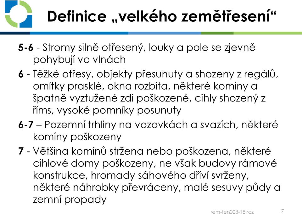 trhliny na vozovkách a svazích, některé komíny poškozeny 7 - Většina komínů stržena nebo poškozena, některé cihlové domy poškozeny, ne