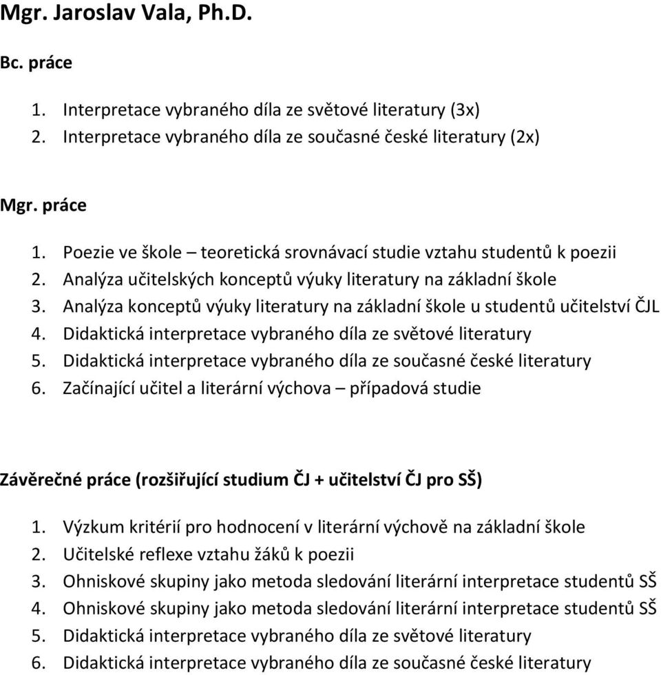 Didaktická interpretace vybraného díla ze světové literatury 5. Didaktická interpretace vybraného díla ze současné české literatury 6.