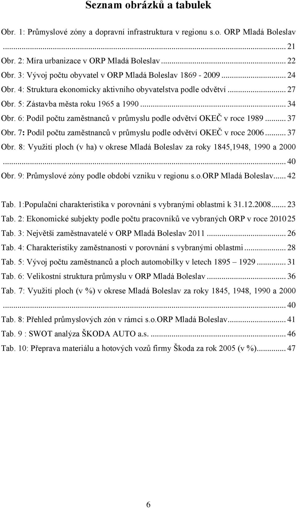 6: Podíl počtu zaměstnanců v průmyslu podle odvětví OKEČ v roce 1989... 37 Obr. 7: Podíl počtu zaměstnanců v průmyslu podle odvětví OKEČ v roce 2006... 37 Obr. 8: Vyuţití ploch (v ha) v okrese Mladá Boleslav za roky 1845,1948, 1990 a 2000.