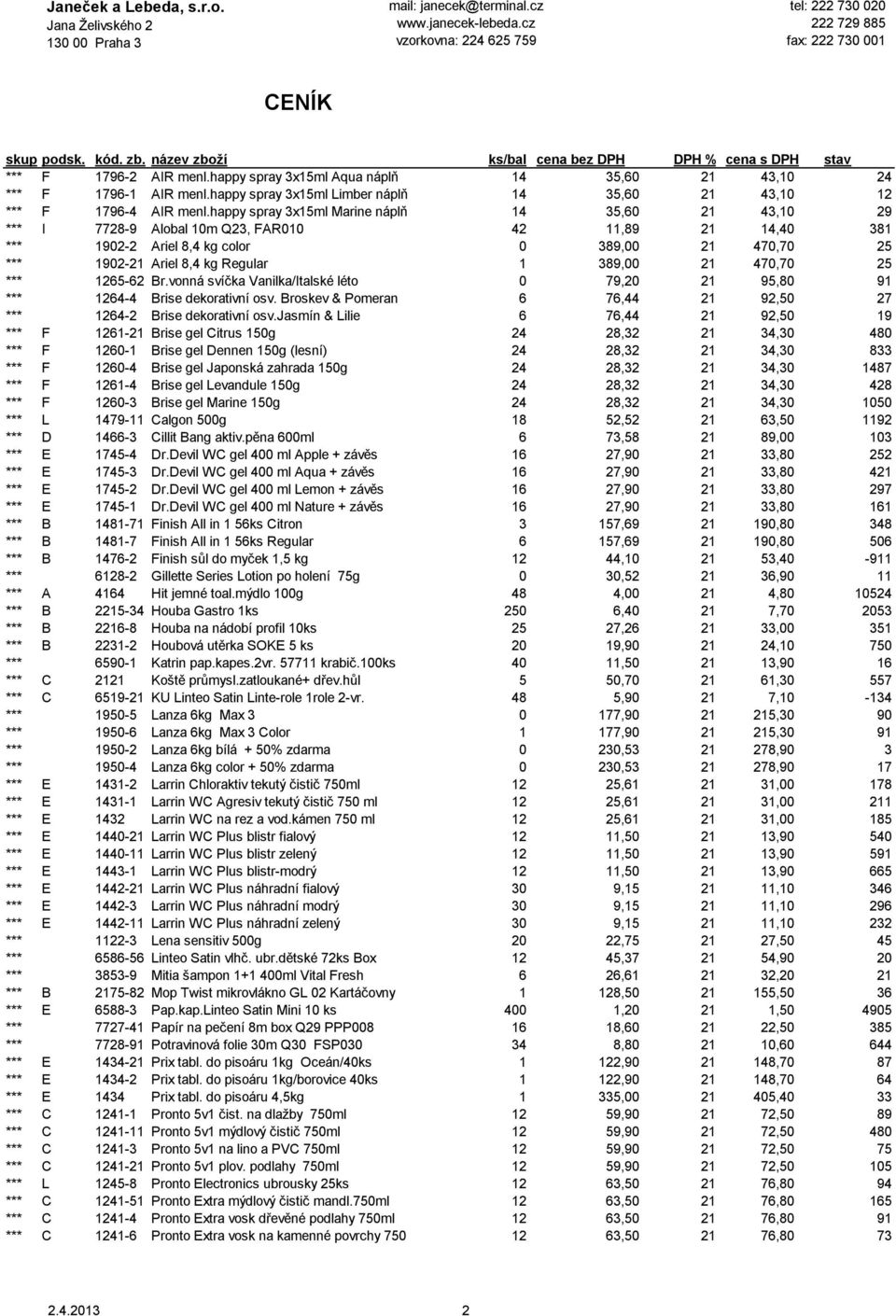 389,00 21 470,70 25 *** 1265-62 Br.vonná svíčka Vanilka/Italské léto 0 79,20 21 95,80 91 *** 1264-4 Brise dekorativní osv. Broskev & Pomeran 6 76,44 21 92,50 27 *** 1264-2 Brise dekorativní osv.