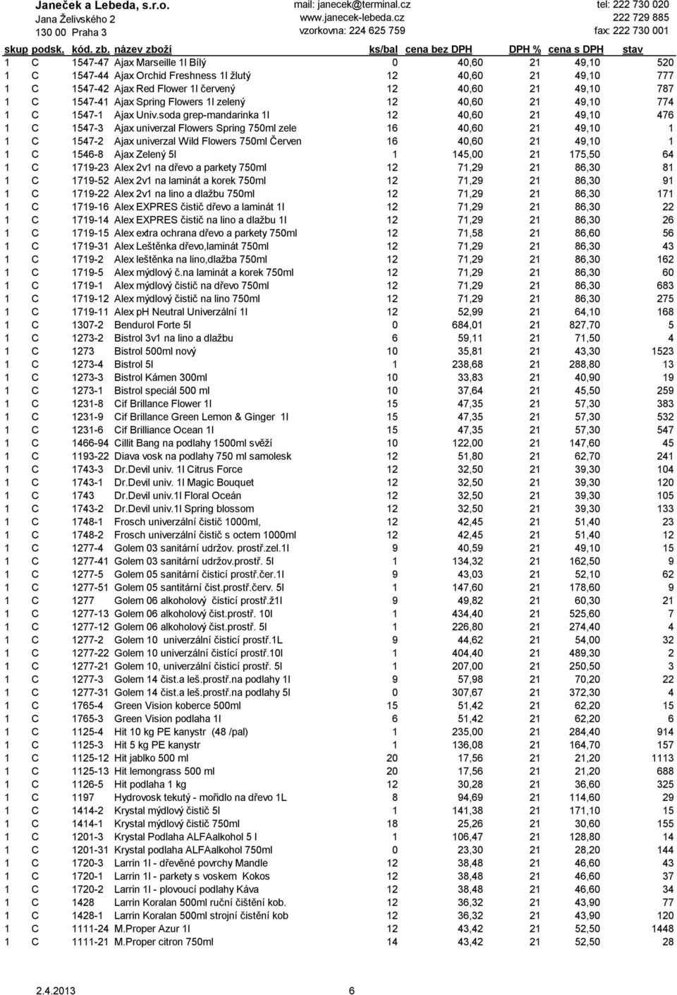 soda grep-mandarinka 1l 12 40,60 21 49,10 476 1 C 1547-3 Ajax univerzal Flowers Spring 750ml zele 16 40,60 21 49,10 1 1 C 1547-2 Ajax univerzal Wild Flowers 750ml Červen 16 40,60 21 49,10 1 1 C