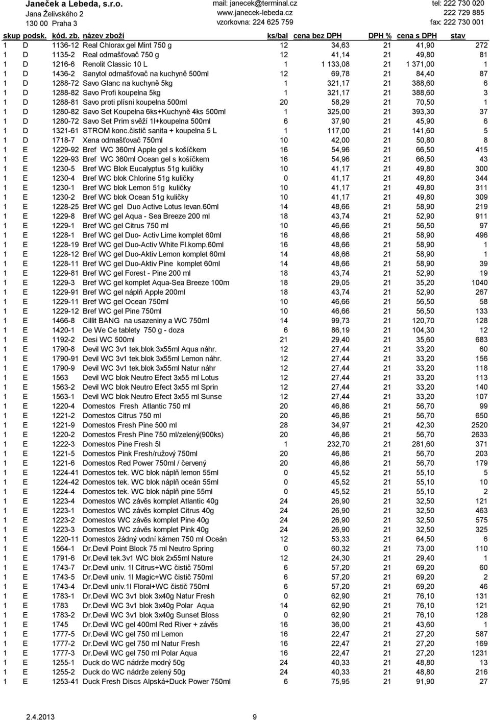 koupelna 500ml 20 58,29 21 70,50 1 1 D 1280-82 Savo Set Koupelna 6ks+Kuchyně 4ks 500ml 1 325,00 21 393,30 37 1 D 1280-72 Savo Set Prim svěží 1l+koupelna 500ml 6 37,90 21 45,90 6 1 D 1321-61 STROM