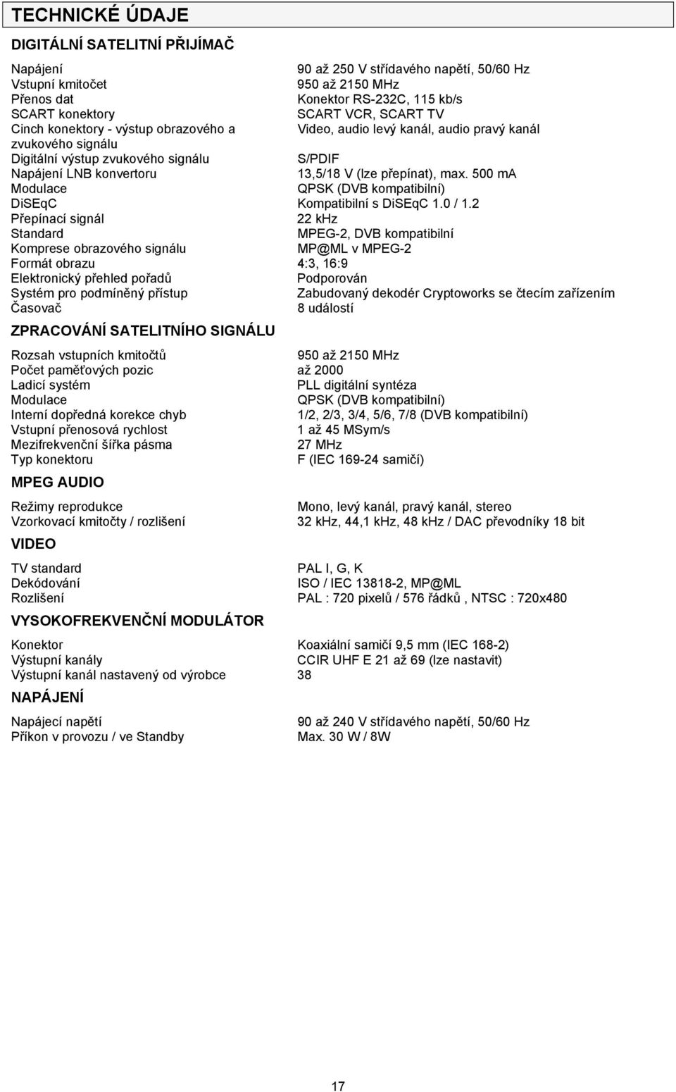 500 ma Modulace QPSK (DVB kompatibilní) DiSEqC Kompatibilní s DiSEqC 1.0 / 1.