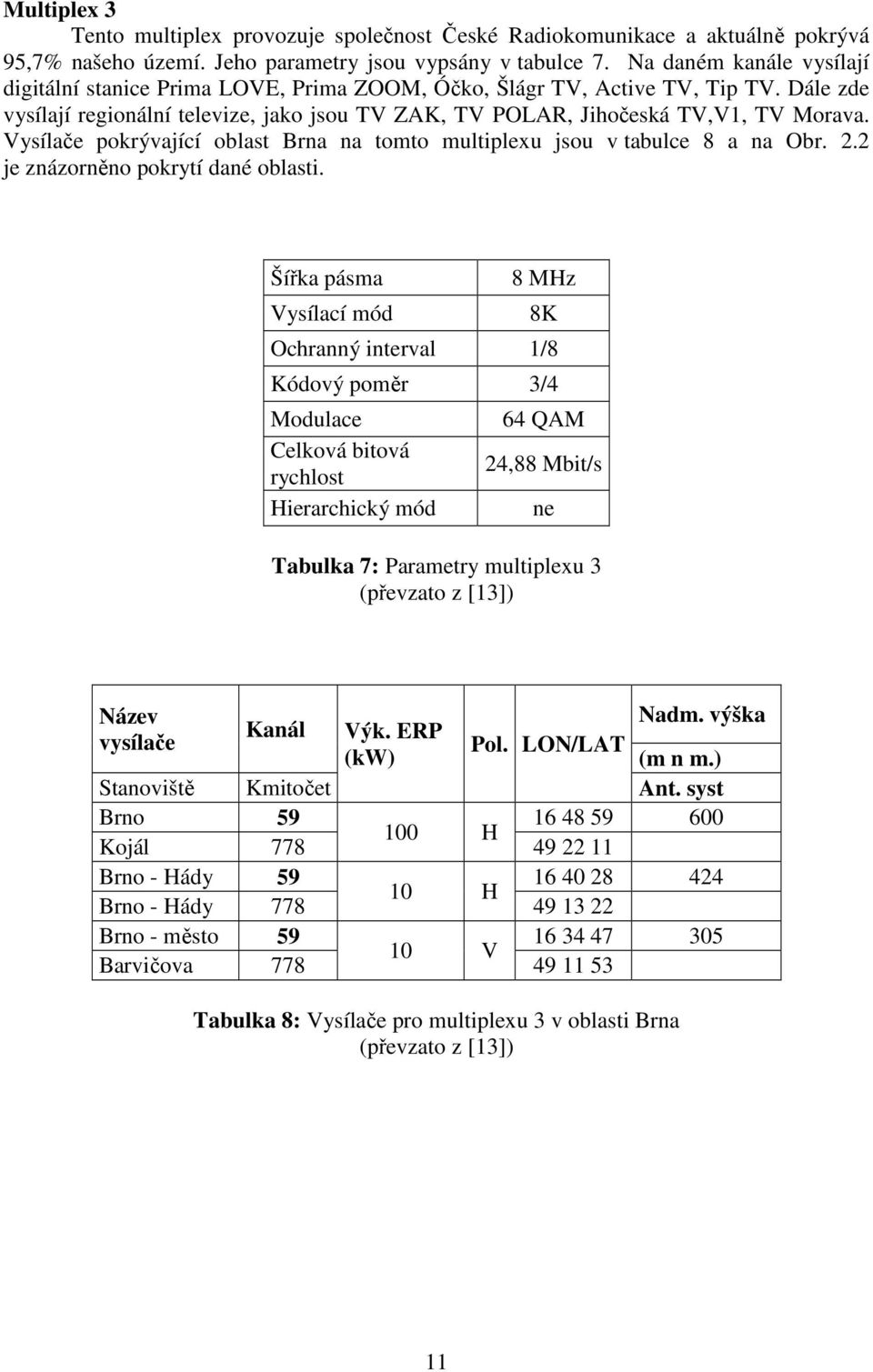 Vysílače pokrývající oblast Brna na tomto multiplexu jsou v tabulce 8 a na Obr. 2.2 je znázorněno pokrytí dané oblasti.