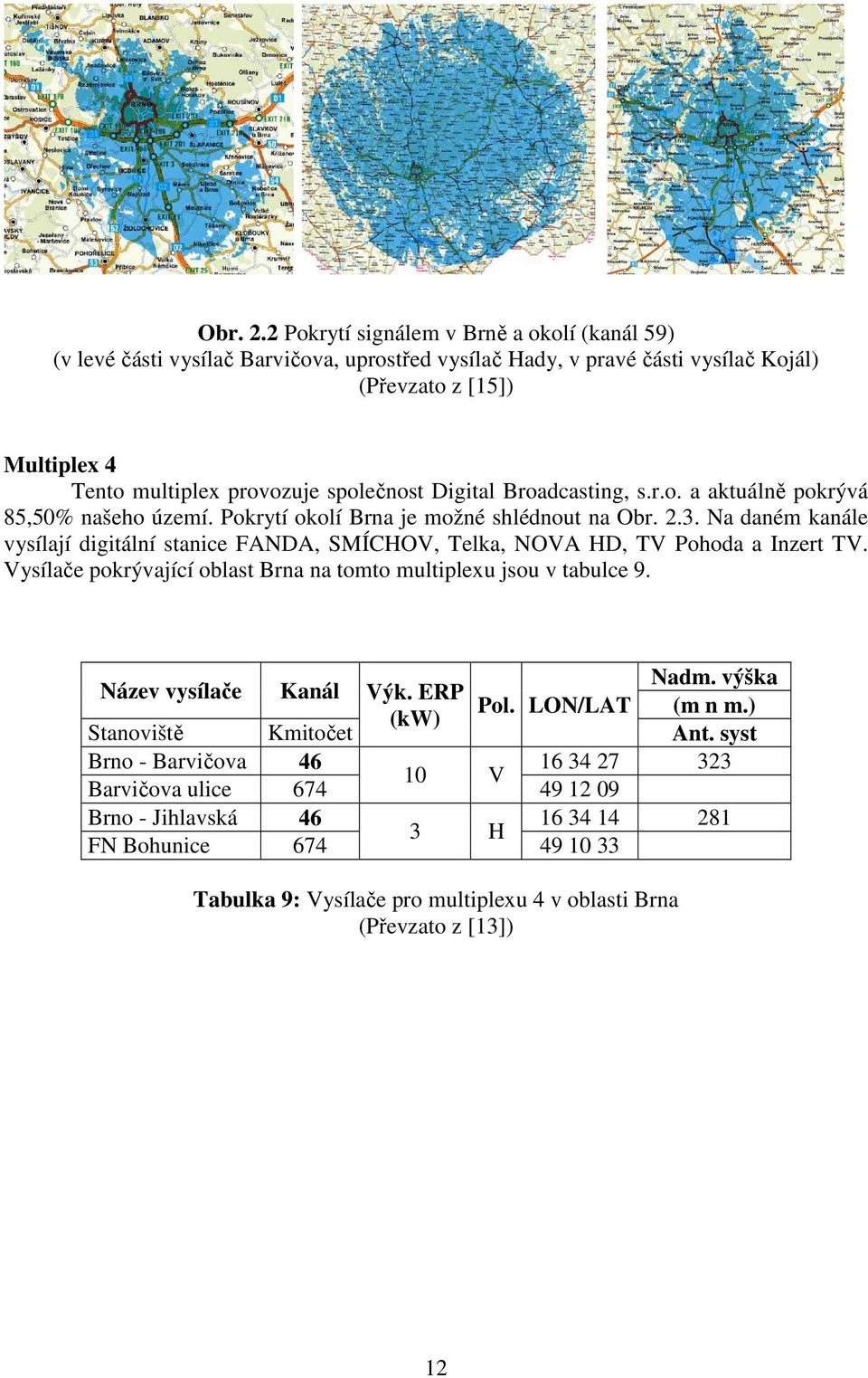 Digital Broadcasting, s.r.o. a aktuálně pokrývá 85,50% našeho území. Pokrytí okolí Brna je možné shlédnout na 3.