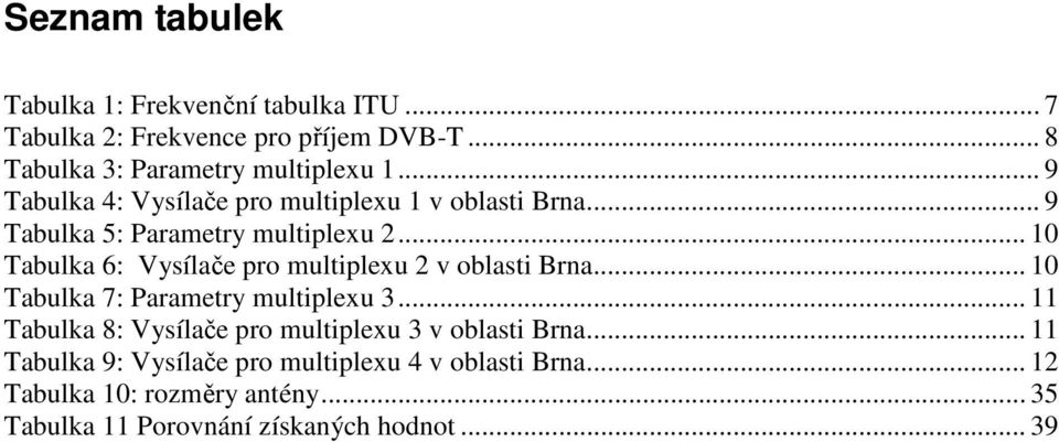 .. 10 Tabulka 6: Vysílače pro multiplexu 2 v oblasti Brna... 10 Tabulka 7: Parametry multiplexu 3.