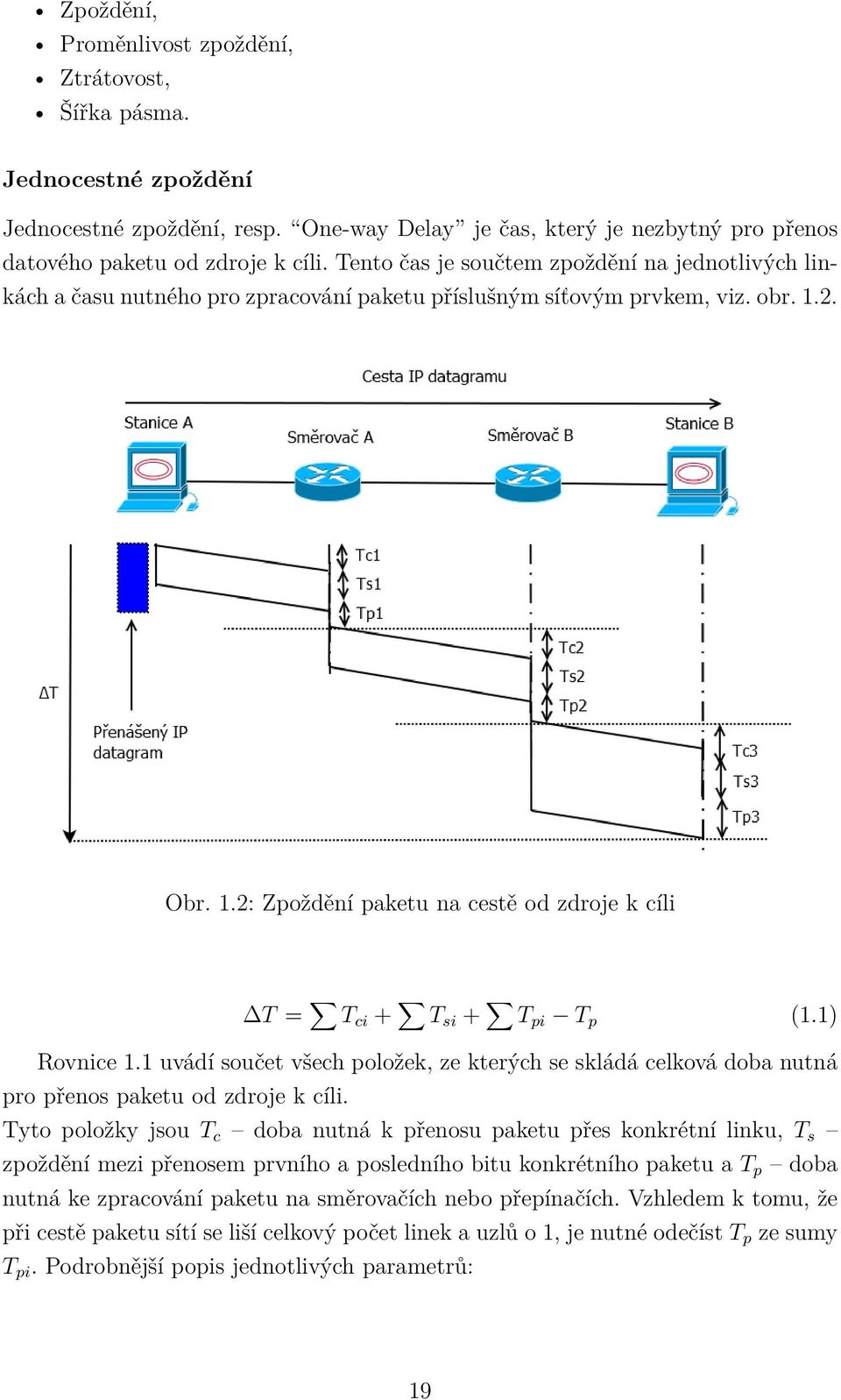 2. Obr. 1.2: Zpoždění paketu na cestě od zdroje k cíli ΔT = T ci + T si + T pi T p (1.1) Rovnice 1.