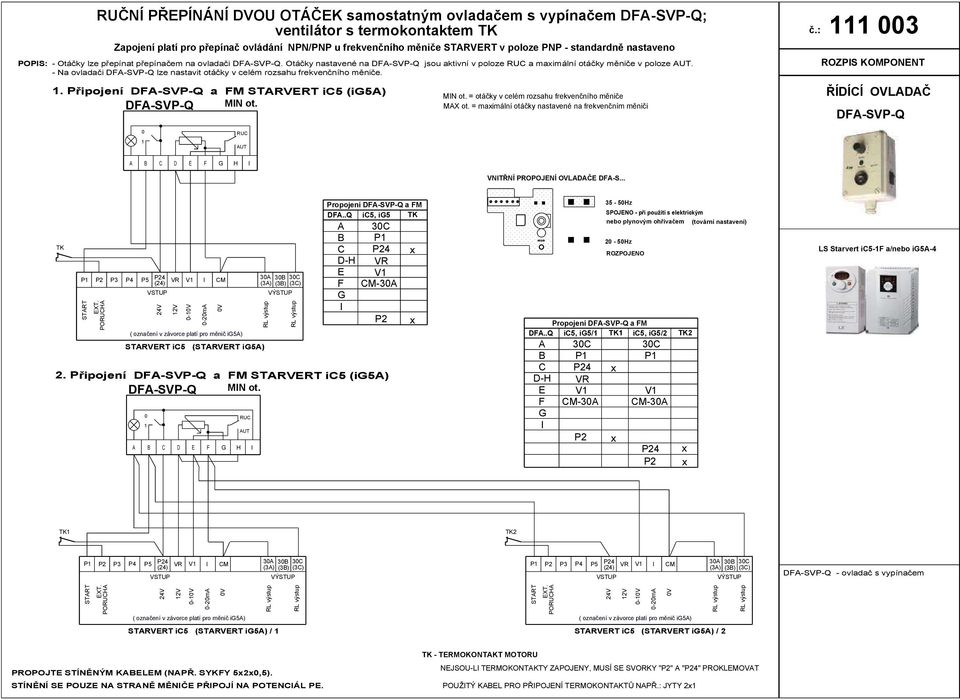 - Na ovladači DF-SVP-Q lze nastavit otáčky v celém rozsahu frekvenčního měniče.. Připojení DF-SVP-Q a FM STRVERT ic (ig) DF-SVP-Q MIN ot. MIN ot. = otáčky v celém rozsahu frekvenčního měniče MX ot.