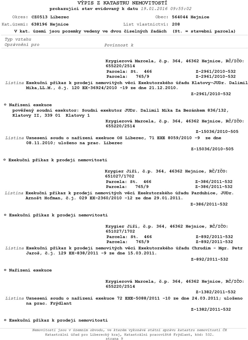 Dalimil Mika Za Beránkem 836/132, Klatvy II, 339 01 Klatvy 1 Krygiervá Marcela, č.p.