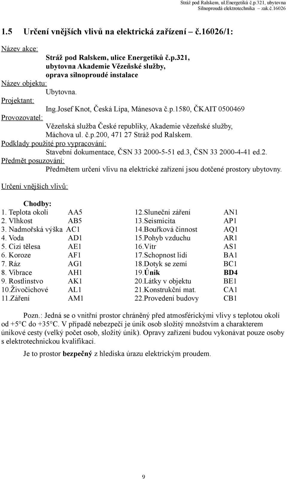 Podklady použité pro vypracování: Stavební dokumentace, ČSN 33 2000-5-51 ed.3, ČSN 33 2000-4-41 ed.2. Předmět posuzování: Předmětem určení vlivu na elektrické zařízení jsou dotčené prostory ubytovny.