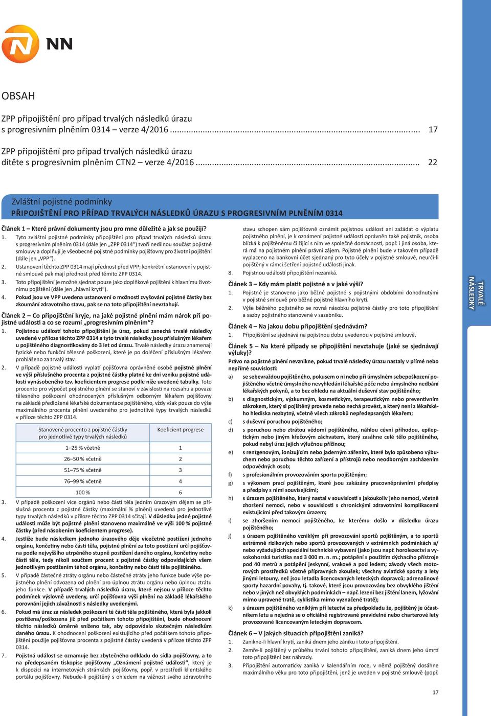 .. 22 Zvláštní pojistné podmínky PŘIPOJIŠTĚNÍ PRO PŘÍPAD TRVALÝCH NÁSLEDKŮ ÚRAZU S PROGRESIVNÍM PLNĚNÍM 0314 Článek 1 