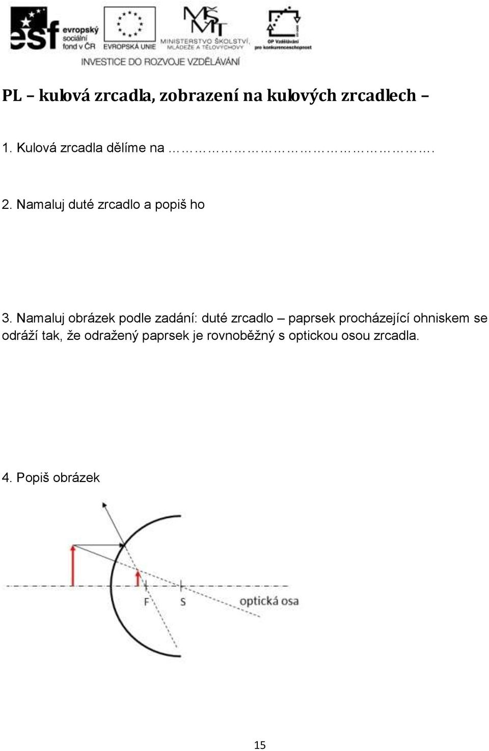 Namaluj obrázek podle zadání: duté zrcadlo paprsek procházející