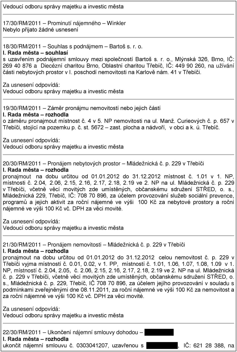 , Mlýnská 326, Brno, IČ: 269 40 876 a Diecézní charitou Brno, Oblastní charitou Třebíč, IČ: 449 90 260, na užívání části nebytových prostor v I. poschodí nemovitosti na Karlově nám. 41 v Třebíči.