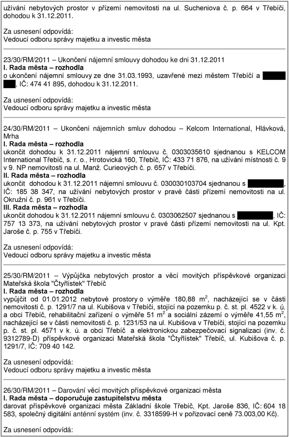 12.2011 nájemní smlouvu č. 0303035610 sjednanou s KELCOM International Třebíč, s. r. o., Hrotovická 160, Třebíč, IČ: 433 71 876, na užívání místnosti č. 9 v 9. NP nemovitosti na ul. Manž.