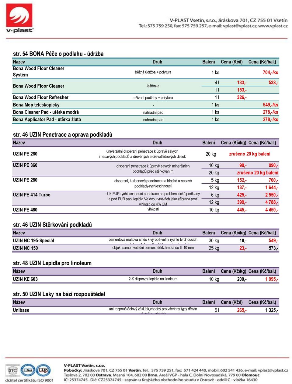 46 UZIN Penetrace a oprava podkladů Balení Cena (Kč/kg) Cena (Kč/bal.