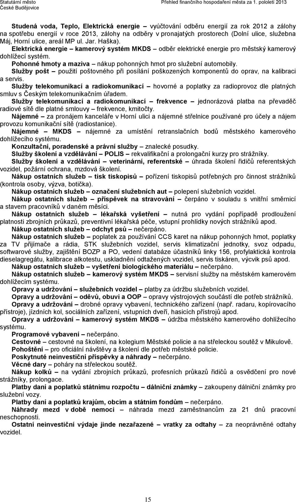 ulice, areál MP ul. Jar. Haška). Elektrická energie kamerový systém MKDS odběr elektrické energie pro městský kamerový dohlížecí systém.