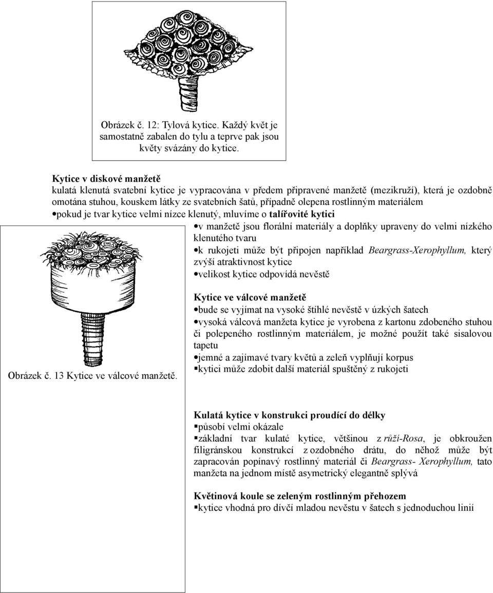 rostlinným materiálem pokud je tvar kytice velmi nízce klenutý, mluvíme o talířovité kytici v manžetě jsou florální materiály a doplňky upraveny do velmi nízkého klenutého tvaru k rukojeti může být