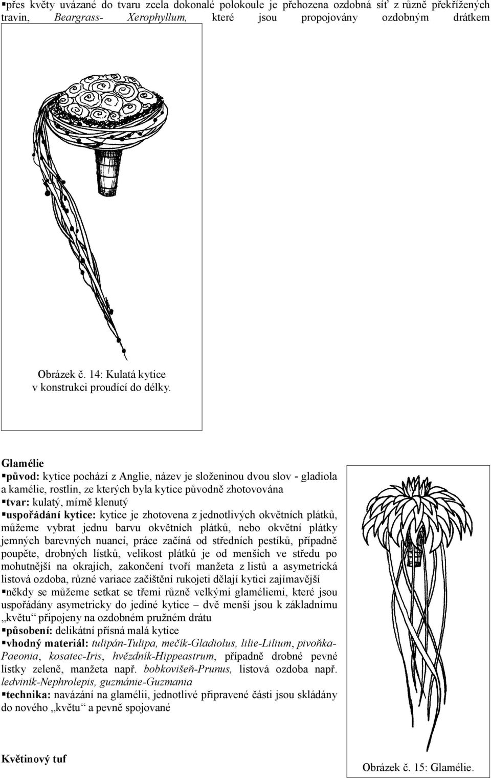 Glamélie původ: kytice pochází z Anglie, název je složeninou dvou slov - gladiola a kamélie, rostlin, ze kterých byla kytice původně zhotovována tvar: kulatý, mírně klenutý uspořádání kytice: kytice