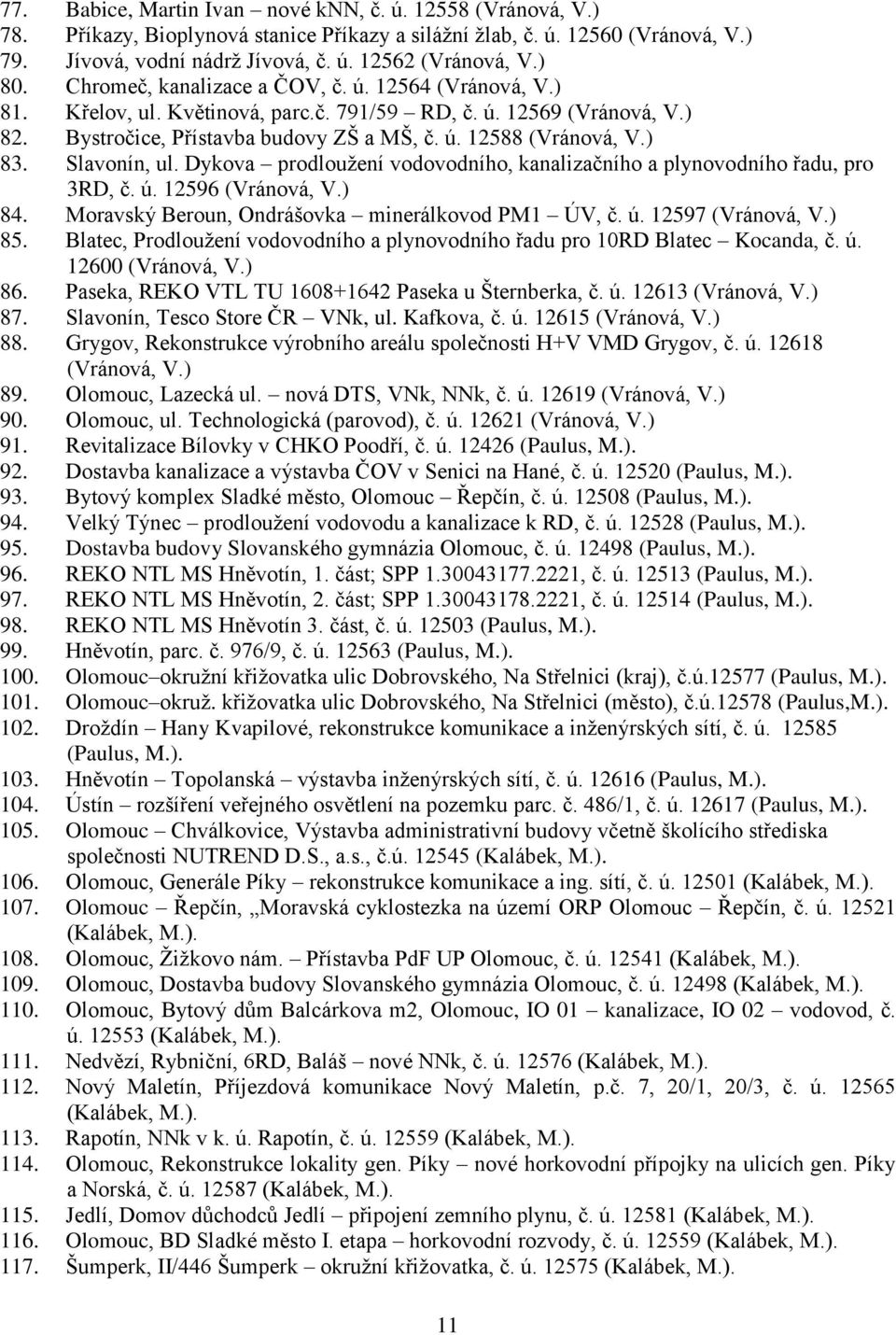 ) 83. Slavonín, ul. Dykova prodlouţení vodovodního, kanalizačního a plynovodního řadu, pro 3RD, č. ú. 12596 (Vránová, V.) 84. Moravský Beroun, Ondrášovka minerálkovod PM1 ÚV, č. ú. 12597 (Vránová, V.