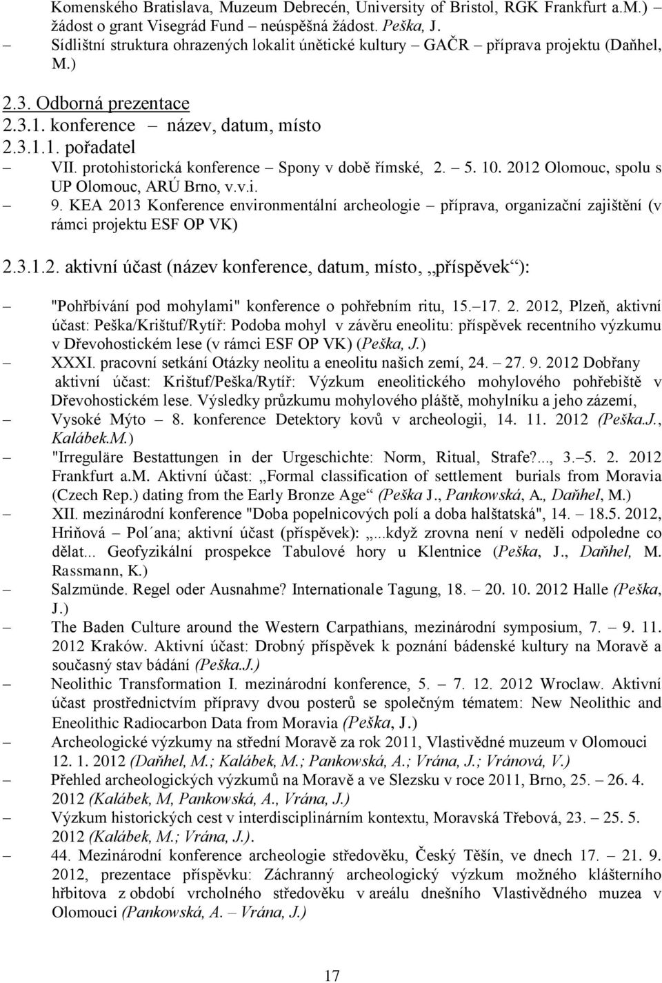 protohistorická konference Spony v době římské, 2. 5. 10. 2012 Olomouc, spolu s UP Olomouc, ARÚ Brno, v.v.i. 9.