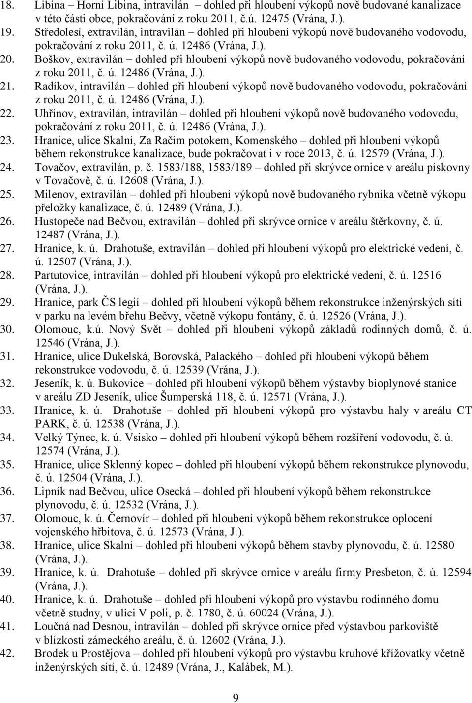 1, č. ú. 12486 (Vrána, J.). 20. Boškov, extravilán dohled při hloubení výkopů nově budovaného vodovodu, pokračování z roku 2011, č. ú. 12486 (Vrána, J.). 21.