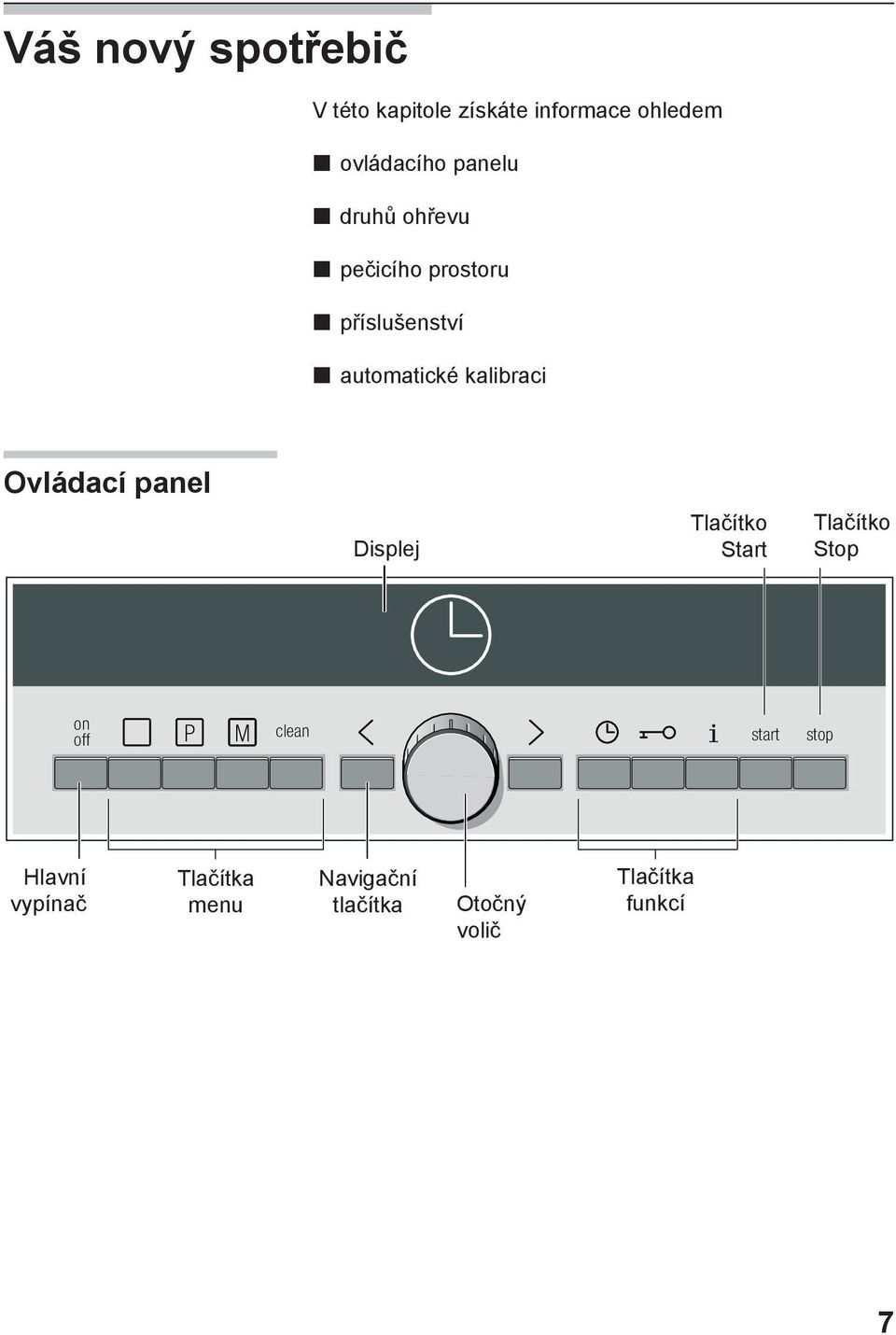 automatické kalibraci Ovládací panel Displej Tlačítko Start Tlačítko