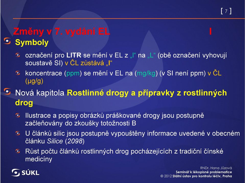 se mění v EL na (mg/kg) (v SI není ppm) v ČL (μg/g) Nová kapitola Rostlinné drogy a přípravky z rostlinných drog Ilustrace a