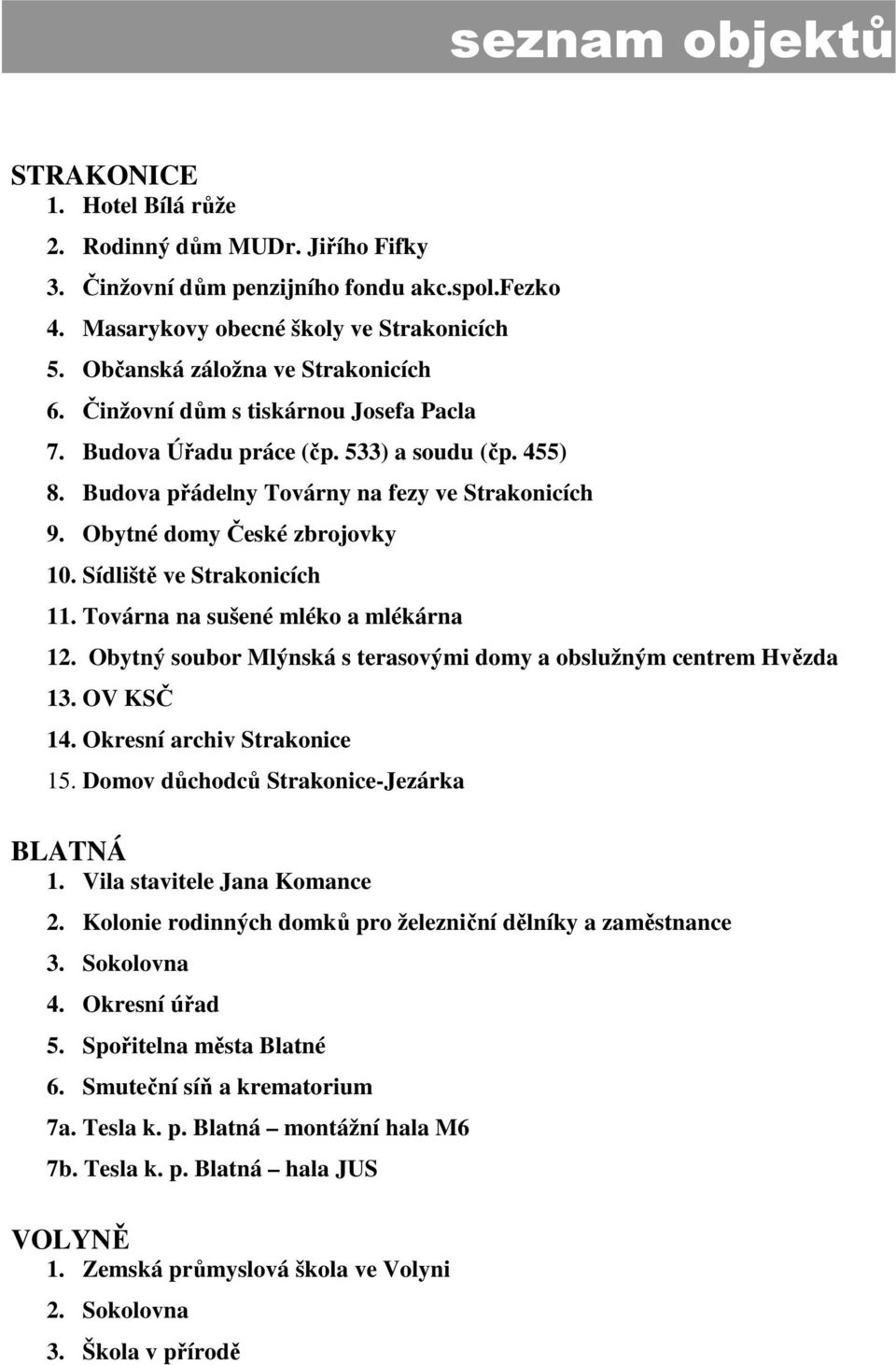 Obytné domy České zbrojovky 10. Sídliště ve Strakonicích 11. Továrna na sušené mléko a mlékárna 12. Obytný soubor Mlýnská s terasovými domy a obslužným centrem Hvězda 13. OV KSČ 14.