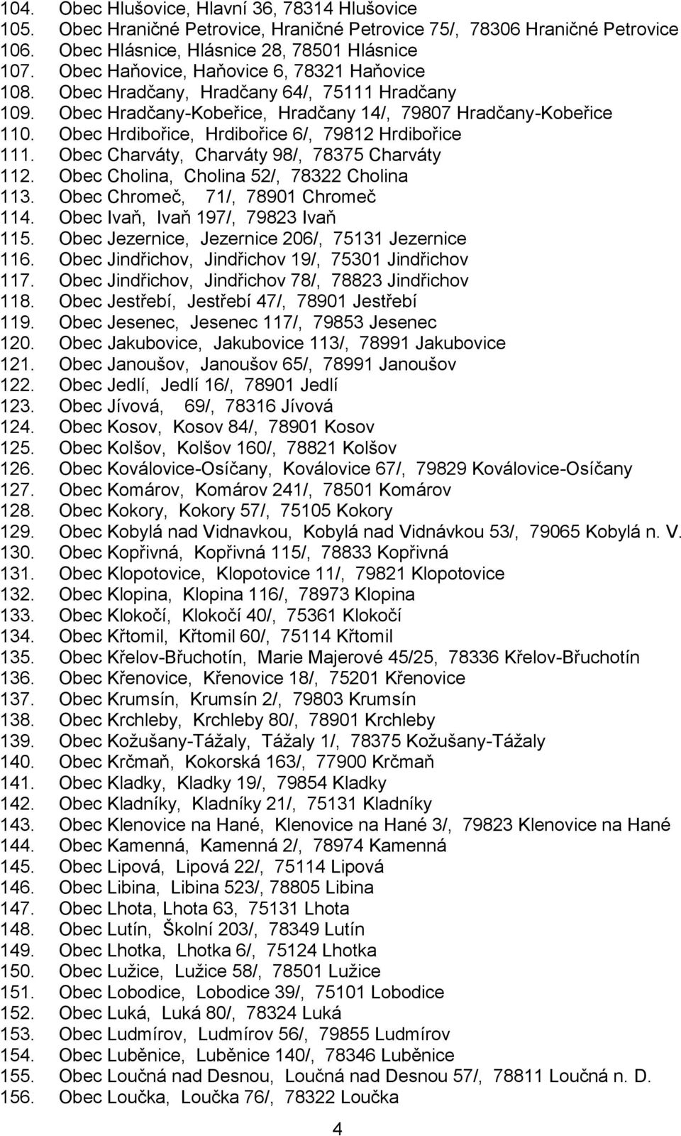 Obec Hrdibořice, Hrdibořice 6/, 79812 Hrdibořice 111. Obec Charváty, Charváty 98/, 78375 Charváty 112. Obec Cholina, Cholina 52/, 78322 Cholina 113. Obec Chromeč, 71/, 78901 Chromeč 114.