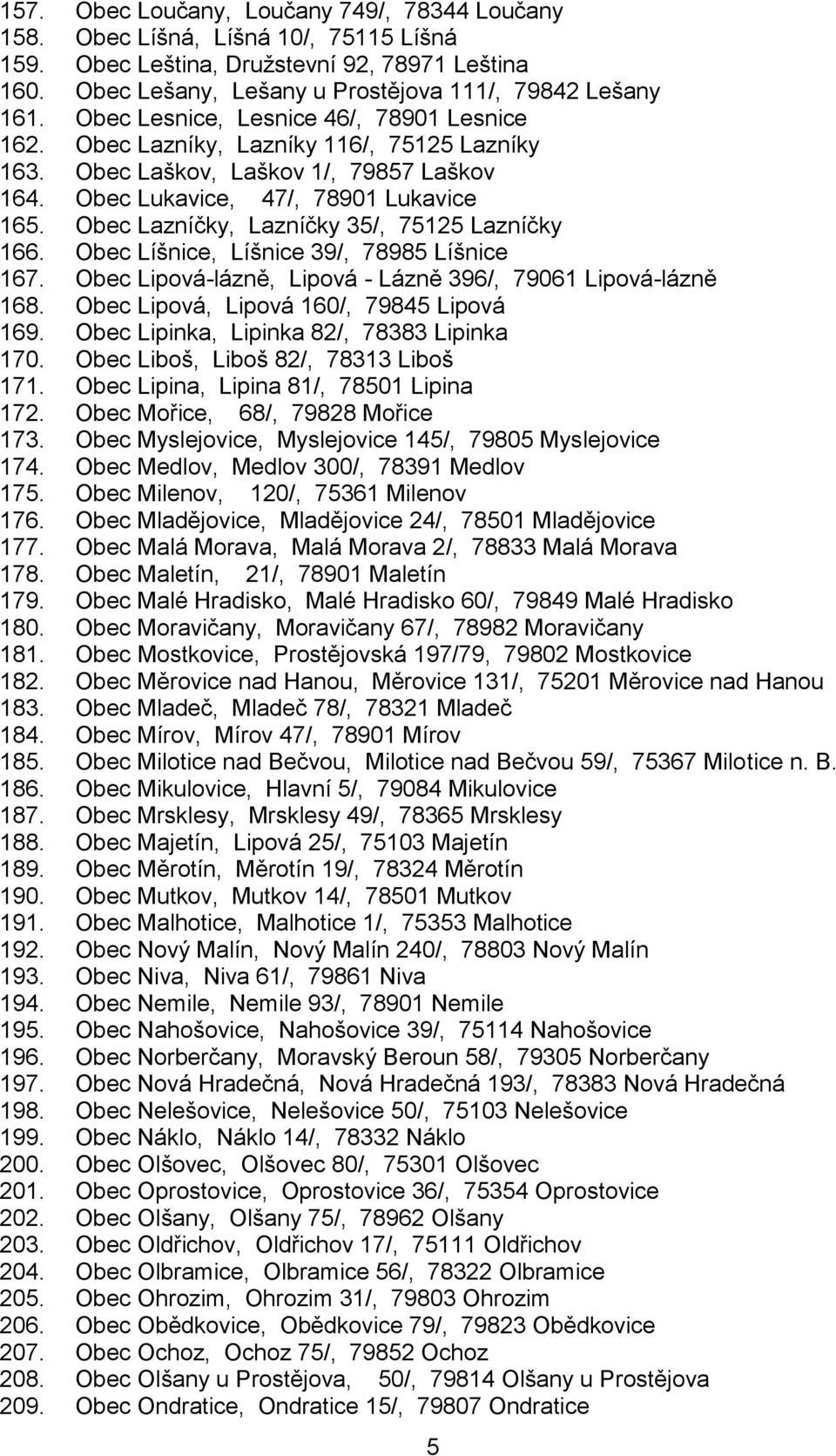 Obec Lazníčky, Lazníčky 35/, 75125 Lazníčky 166. Obec Líšnice, Líšnice 39/, 78985 Líšnice 167. Obec Lipová-lázně, Lipová - Lázně 396/, 79061 Lipová-lázně 168.