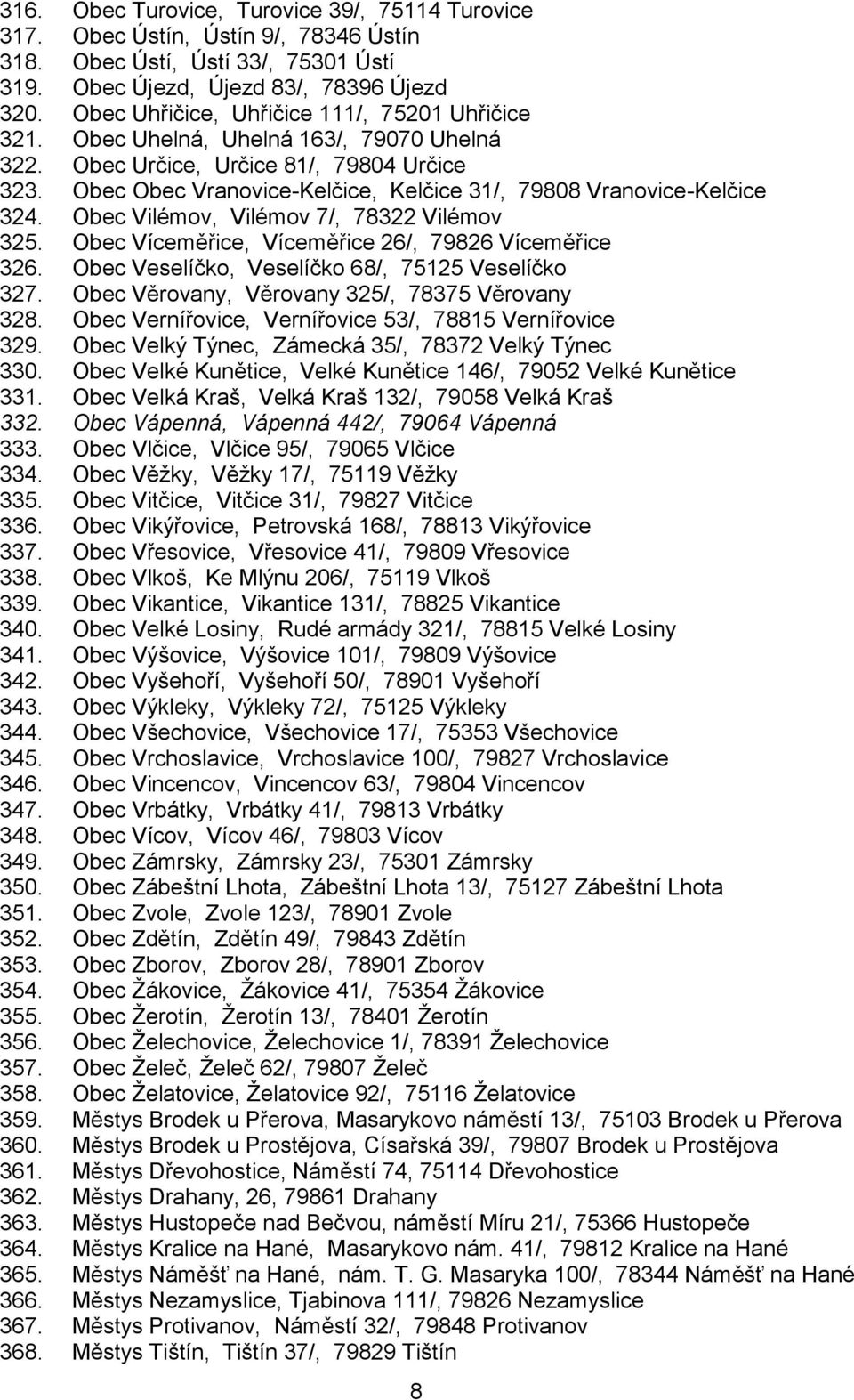 Obec Obec Vranovice-Kelčice, Kelčice 31/, 79808 Vranovice-Kelčice 324. Obec Vilémov, Vilémov 7/, 78322 Vilémov 325. Obec Víceměřice, Víceměřice 26/, 79826 Víceměřice 326.