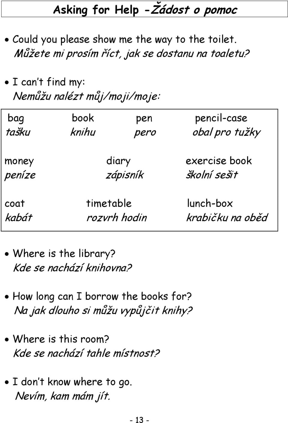 zápisník školní sešit coat timetable lunch-box kabát rozvrh hodin krabičku na oběd Where is the library? Kde se nachází knihovna?