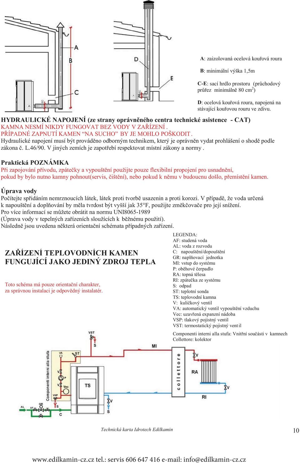 Hydraulické napojení musí být prováděno odborným technikem, který je oprávněn v dat prohlášení o shodě podle zákona č. L.46/90. V jiných zemích je zapotřebí respektovat místní zákony a normy.