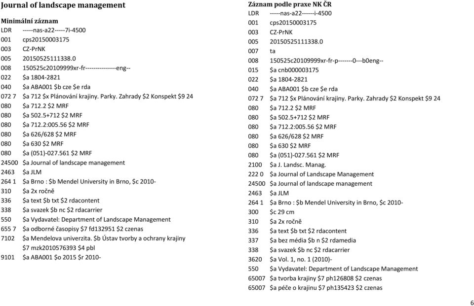 56 $2 MRF 080 $a 626/628 $2 MRF 080 $a 630 $2 MRF 24500 $a Journal of landscape management 2463 $a JLM 264 1 $a Brno : $b Mendel University in Brno, $c 2010-310 $a 2x ročně 550 $a Vydavatel: