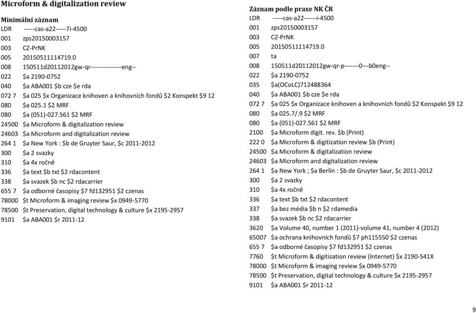 1 $2 MRF 24500 $a Microform & digitalization review 24603 $a Microform and digitalization review 264 1 $a New York : $b de Gruyter Saur, $c 2011-2012 300 $a 2 svazky 310 $a 4x ročně 78000 $t