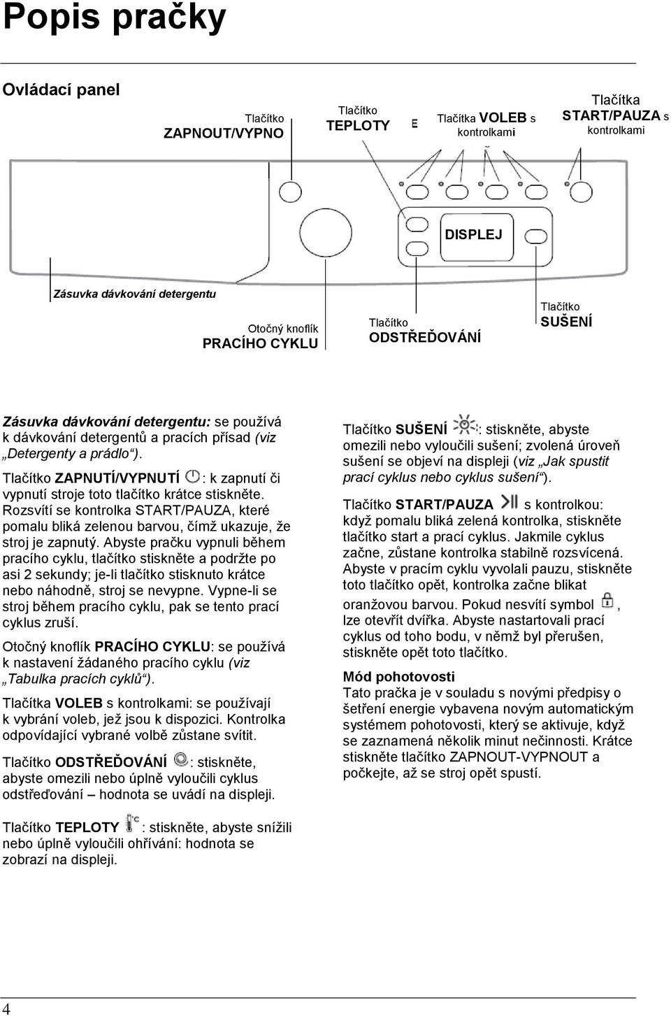 Tlačítko ZAPNUTÍ/VYPNUTÍ : k zapnutí či vypnutí stroje toto tlačítko krátce stiskněte. Rozsvítí se kontrolka START/PAUZA, které pomalu bliká zelenou barvou, čímţ ukazuje, ţe stroj je zapnutý.