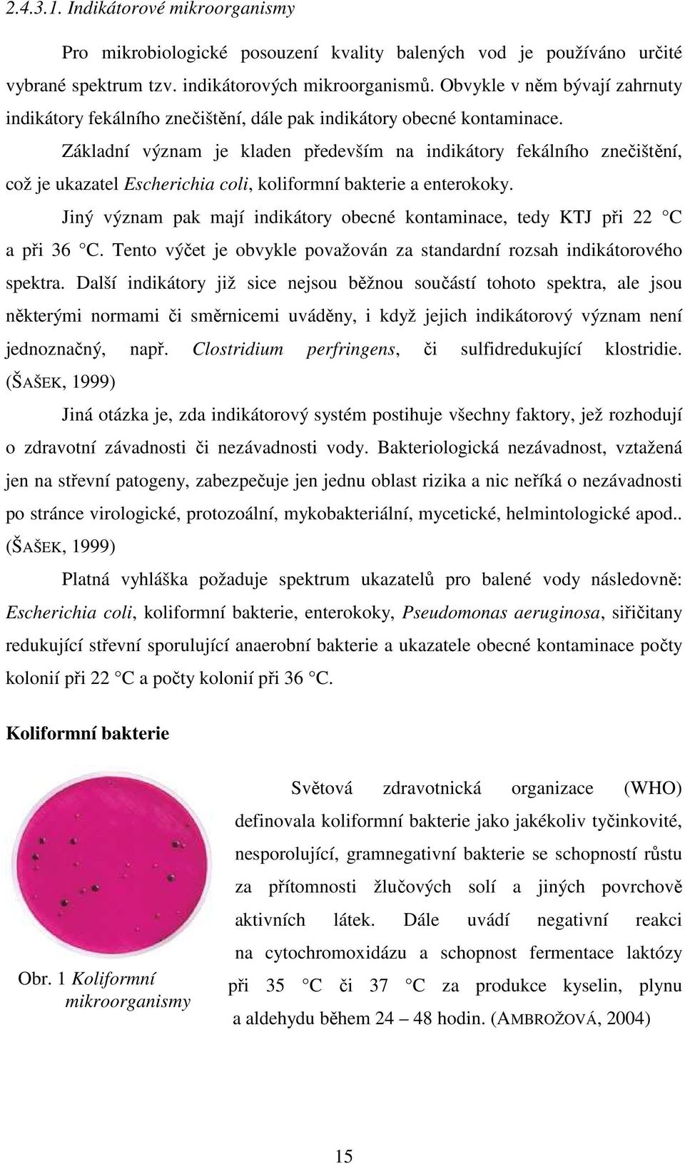 Základní význam je kladen především na indikátory fekálního znečištění, což je ukazatel Escherichia coli, koliformní bakterie a enterokoky.