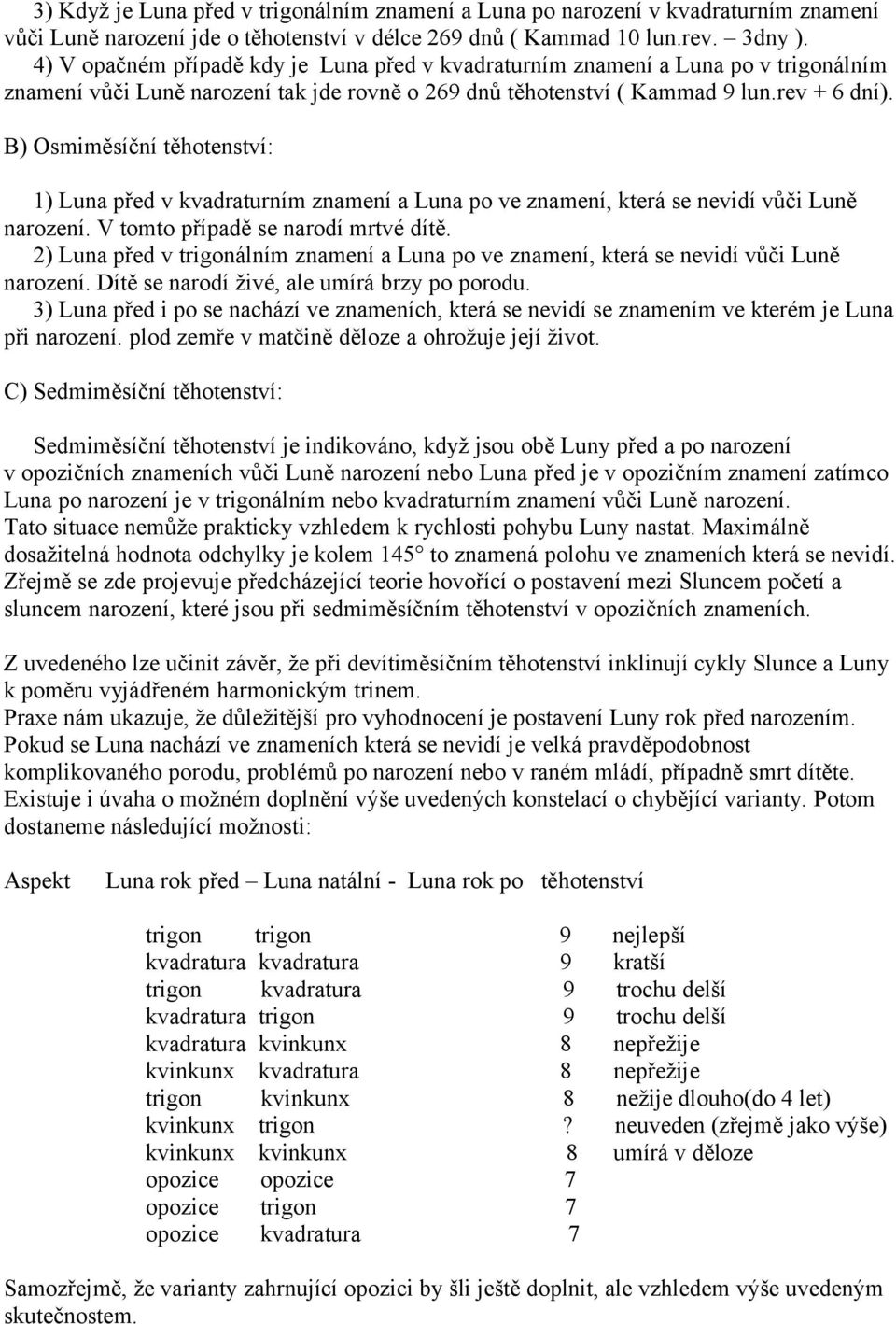 B) Osmiměsíční těhotenství: 1) Luna před v kvadraturním znamení a Luna po ve znamení, která se nevidí vůči Luně narození. V tomto případě se narodí mrtvé dítě.