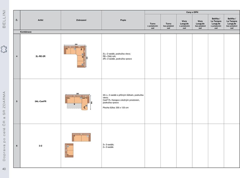 3AL-CanFR 6 3-2 3A L= 3-sedák s příčným lůžkem, područka vlevo; CanF R= Kanape s